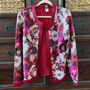 Gump's Red Floral Open-Front Cardigan in size XL